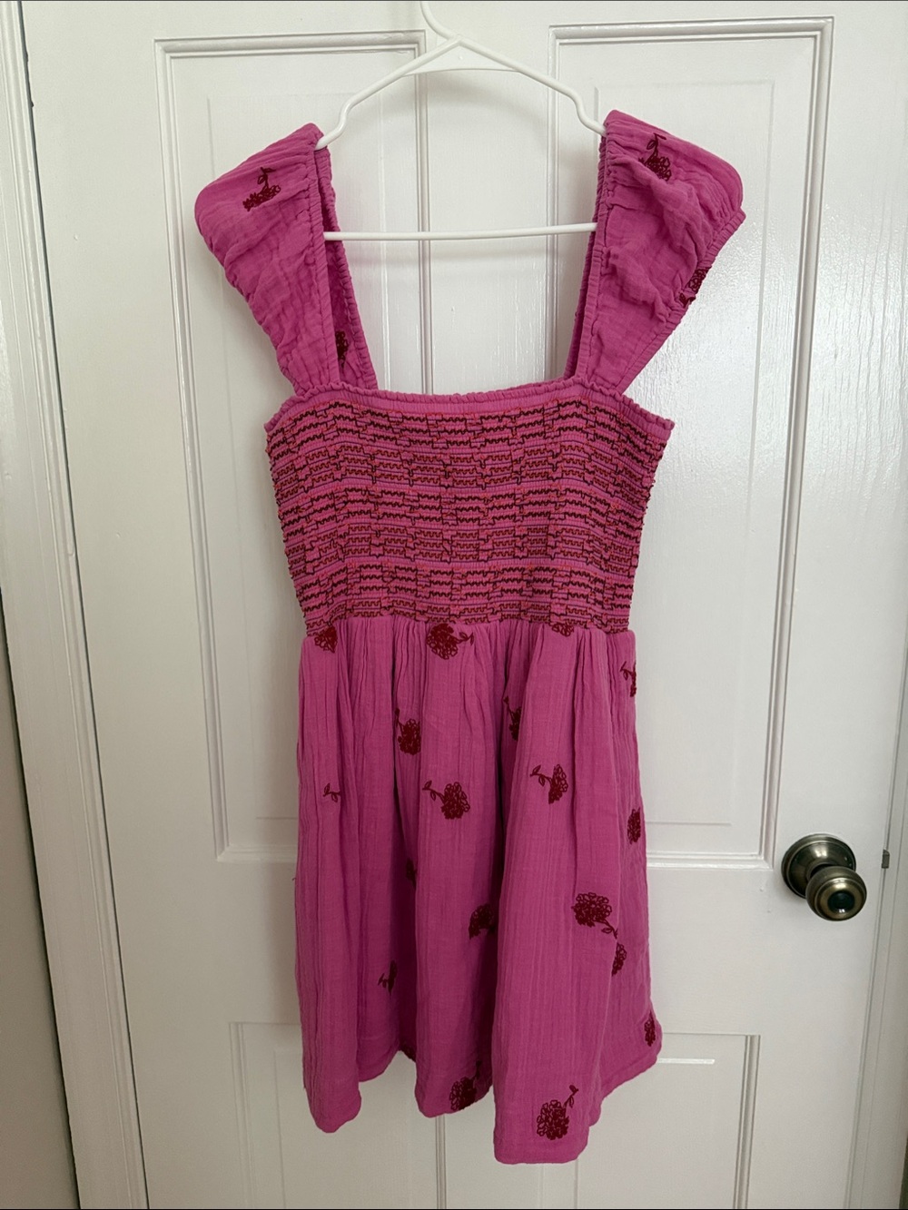 Pink Smocked Sundress with Floral Embroidery